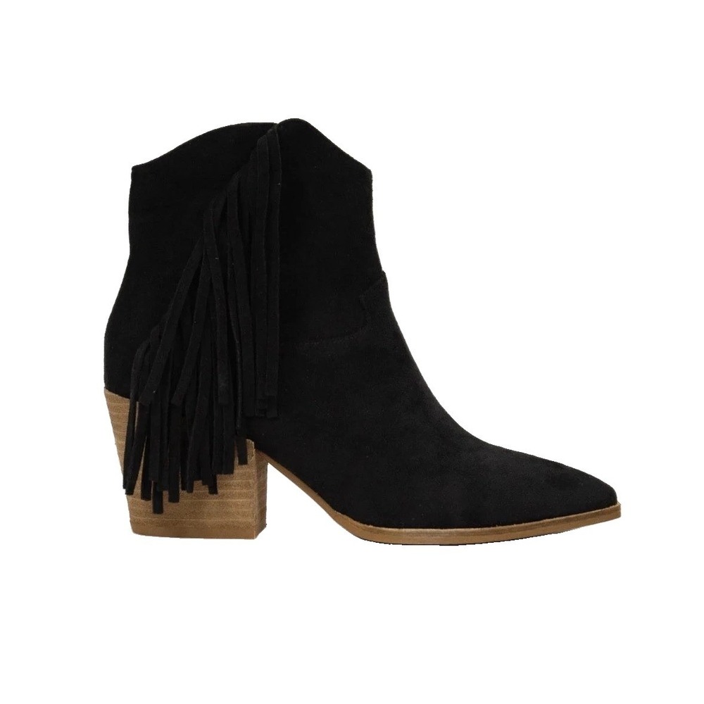 Beast Fashion Womens Black Fringe Ankle Boots Pointed Toe Block Heel Sz 8.5 NEW - Picture 2 of 9